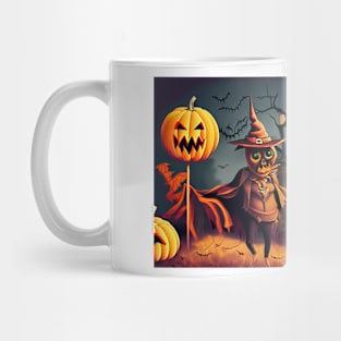 A Cartoon Scarecrow Surrounded by Pumpkins Mug